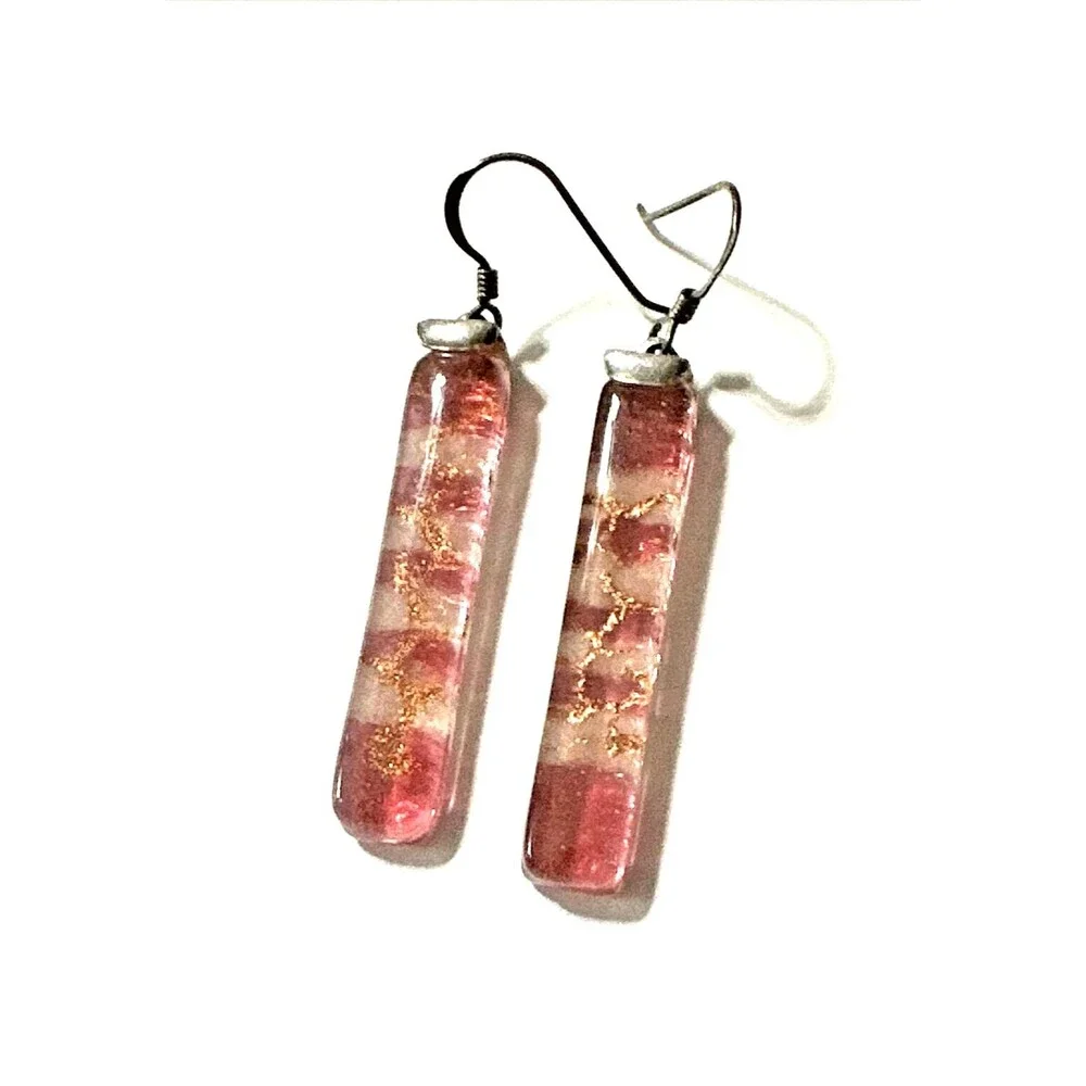 Artisan Lampwork Glass Bar Earrings Pink Gold Horizontal Stripe 925 Silver 1.5